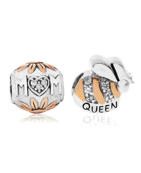 Two-Tone 2-Pc. Set Cubic Zirconia Floral Mom & Queen Bee Bead Charms in Sterling Silver (2 colors) - Rhona Sutton Jewellery