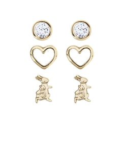 Beatrix Potter Gold Peter Rabbit and Hearts Set of 3 Stud Earrings - Rhona Sutton Jewellery