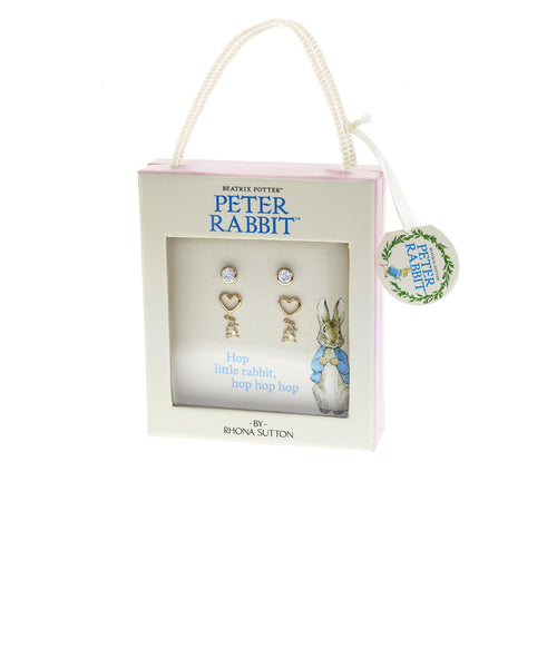 Beatrix Potter Gold Peter Rabbit and Hearts Set of 3 Stud Earrings - Rhona Sutton Jewellery