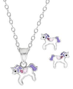 Children's Sterling Silver Purple Unicorn Pendant Necklace & Stud Earrings Set - Rhona Sutton Jewellery