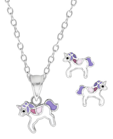 Children's Sterling Silver Purple Unicorn Pendant Necklace & Stud Earrings Set - Rhona Sutton Jewellery