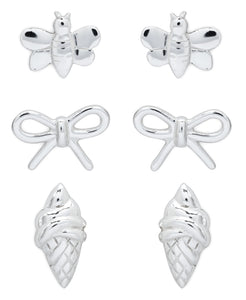 Children's Sterling Silver Bumble Bee, Bow, Ice Cream Stud Earrings - Set of 3 - Rhona Sutton Jewellery