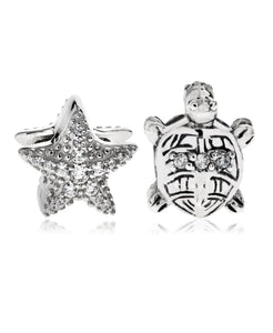 2-Pc. Set Cubic Zirconia Starfish and Turtle Bead Charms in Sterling Silver - Rhona Sutton Jewellery