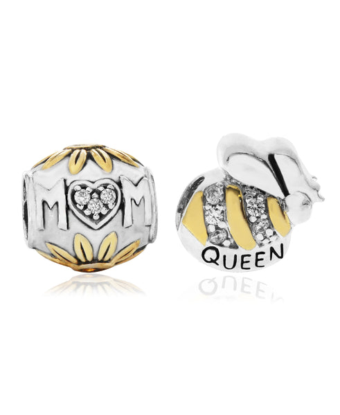 Two-Tone 2-Pc. Set Cubic Zirconia Floral Mom & Queen Bee Bead Charms in Sterling Silver (2 colors) - Rhona Sutton Jewellery