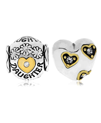 Two-Tone 2-Pc. Set Cubic Zirconia Floral Daughter & Heart Bead Charms in Sterling Silver - Rhona Sutton Jewellery