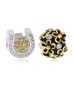 Two-Tone 2-Pc. Set Cubic Zirconia Lucky Horseshoe & Flower Bead Charms in Sterling Silver (2 colors) - Rhona Sutton Jewellery