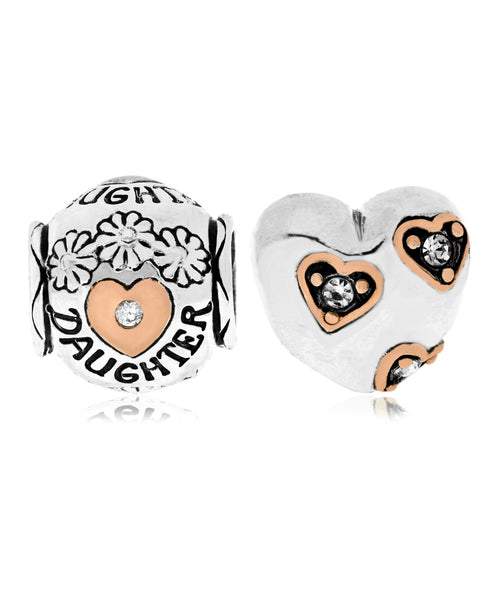 Two-Tone 2-Pc. Set Cubic Zirconia Floral Daughter & Heart Bead Charms in Sterling Silver - Rhona Sutton Jewellery