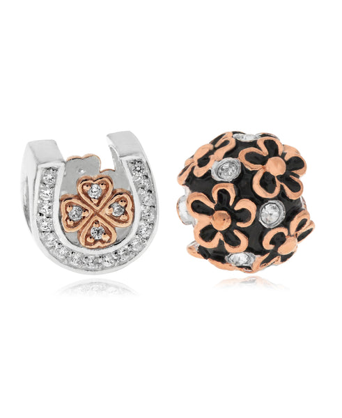 Two-Tone 2-Pc. Set Cubic Zirconia Lucky Horseshoe & Flower Bead Charms in Sterling Silver (2 colors) - Rhona Sutton Jewellery