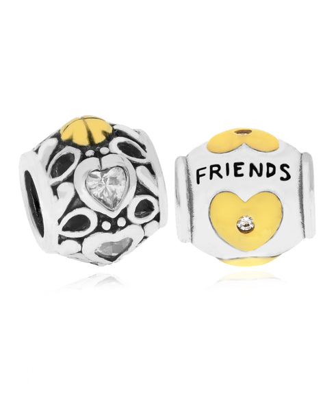 Two-Tone 2-Pc. Set Cubic Zirconia Hearts & Friends Bead Charms in Sterling Silver (2 colors) - Rhona Sutton Jewellery