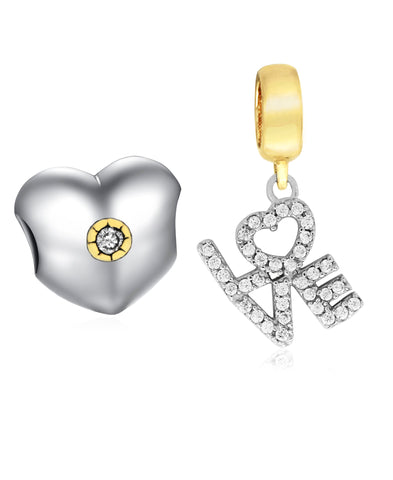 Two-Tone 2-Pc. Set Cubic Zirconia Heart & Love Charms in Sterling Silver (2 colors) - Rhona Sutton Jewellery