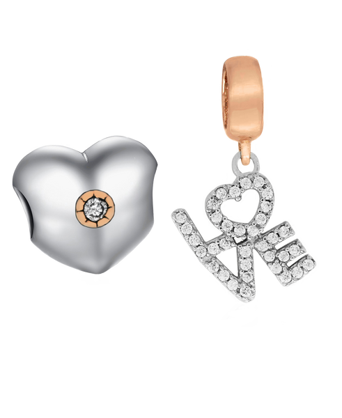 Two-Tone 2-Pc. Set Cubic Zirconia Heart & Love Charms in Sterling Silver (2 colors) - Rhona Sutton Jewellery