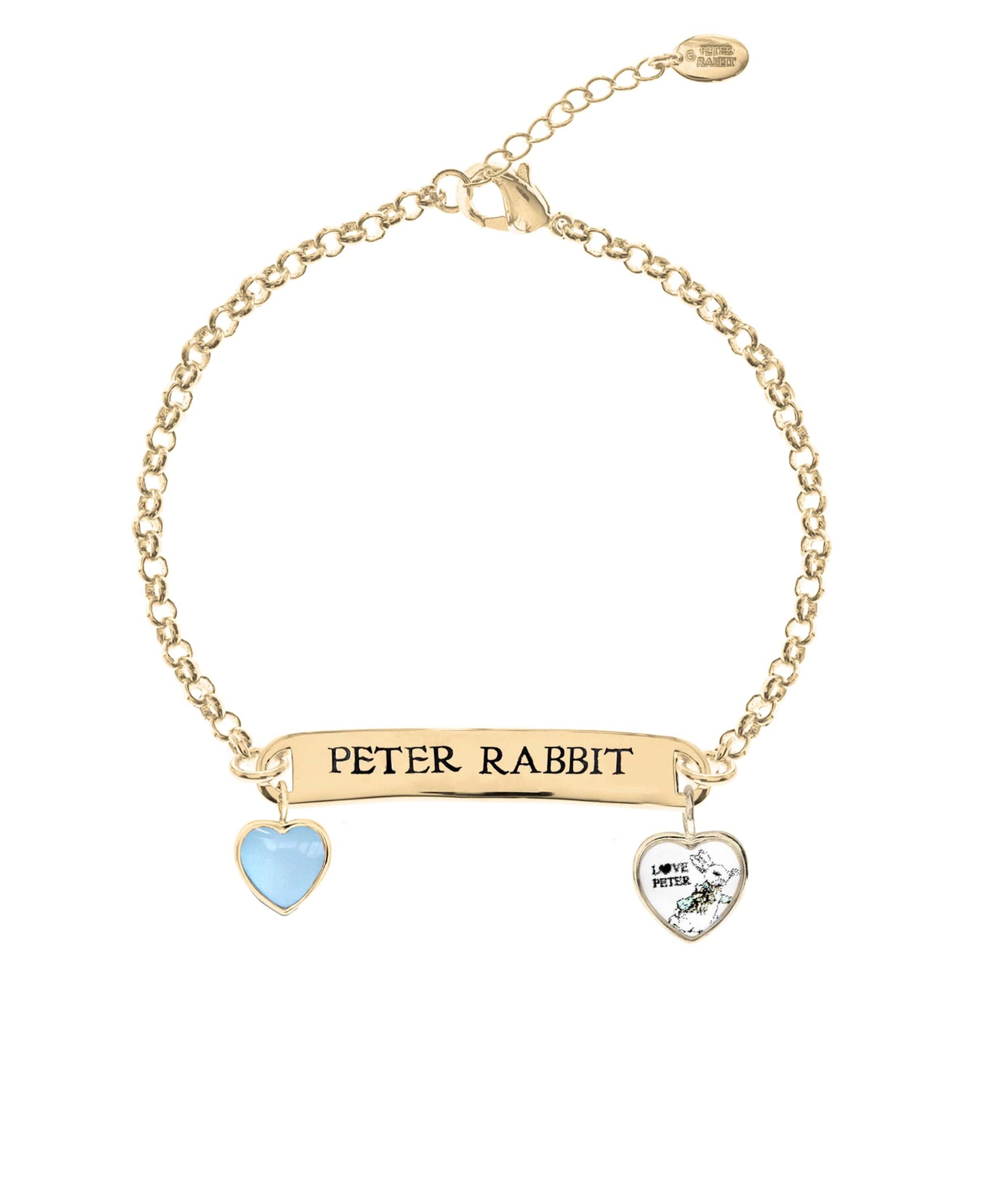 Beatrix Potter Children's Gold Peter Rabbit ID and Heart Charm Bracelet - Rhona Sutton Jewellery