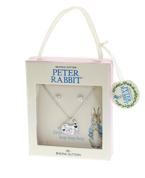Beatrix Potter Peter Rabbit Pendant and Cubic Zirconia Earring Set - Rhona Sutton Jewellery