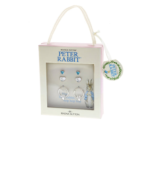 Beatrix Potter Peter Rabbit Heart Studs and Hoop Set of 3 Earrings - Rhona Sutton Jewellery