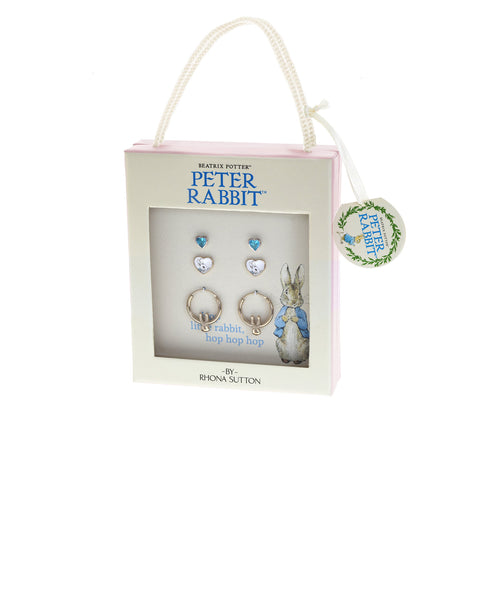 Beatrix Potter Peter Rabbit Heart Studs and Hoop Set of 3 Earrings - Rhona Sutton Jewellery