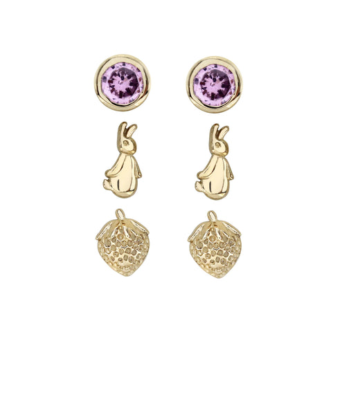Beatrix Potter Peter Rabbit&Heart Set of 3 Stud Earrings Gold Plated - Rhona Sutton Jewellery