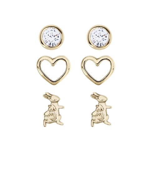 Beatrix Potter Gold Peter Rabbit and Hearts Set of 3 Stud Earrings - Rhona Sutton Jewellery