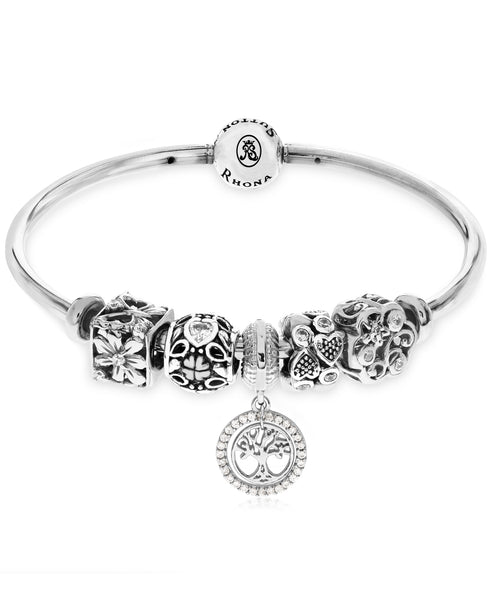 Cubic Zirconia Family Tree Charm Bangle Bracelet Gift Set in Sterling Silver (3 colors) - Rhona Sutton Jewellery