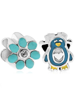 Children's Sterling Silver & Enamel Penguin & Flower Bead Charms - Set of 2 - Rhona Sutton Jewellery