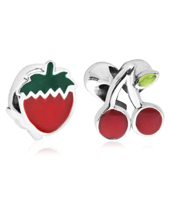 Children's Sterling Silver & Enamel Strawberry & Cherry Bead Charms - Set of 2 - Rhona Sutton Jewellery