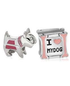 Children's Sterling Silver & Enamel Love My Dog Bead Charms - Set of 2 - Rhona Sutton Jewellery