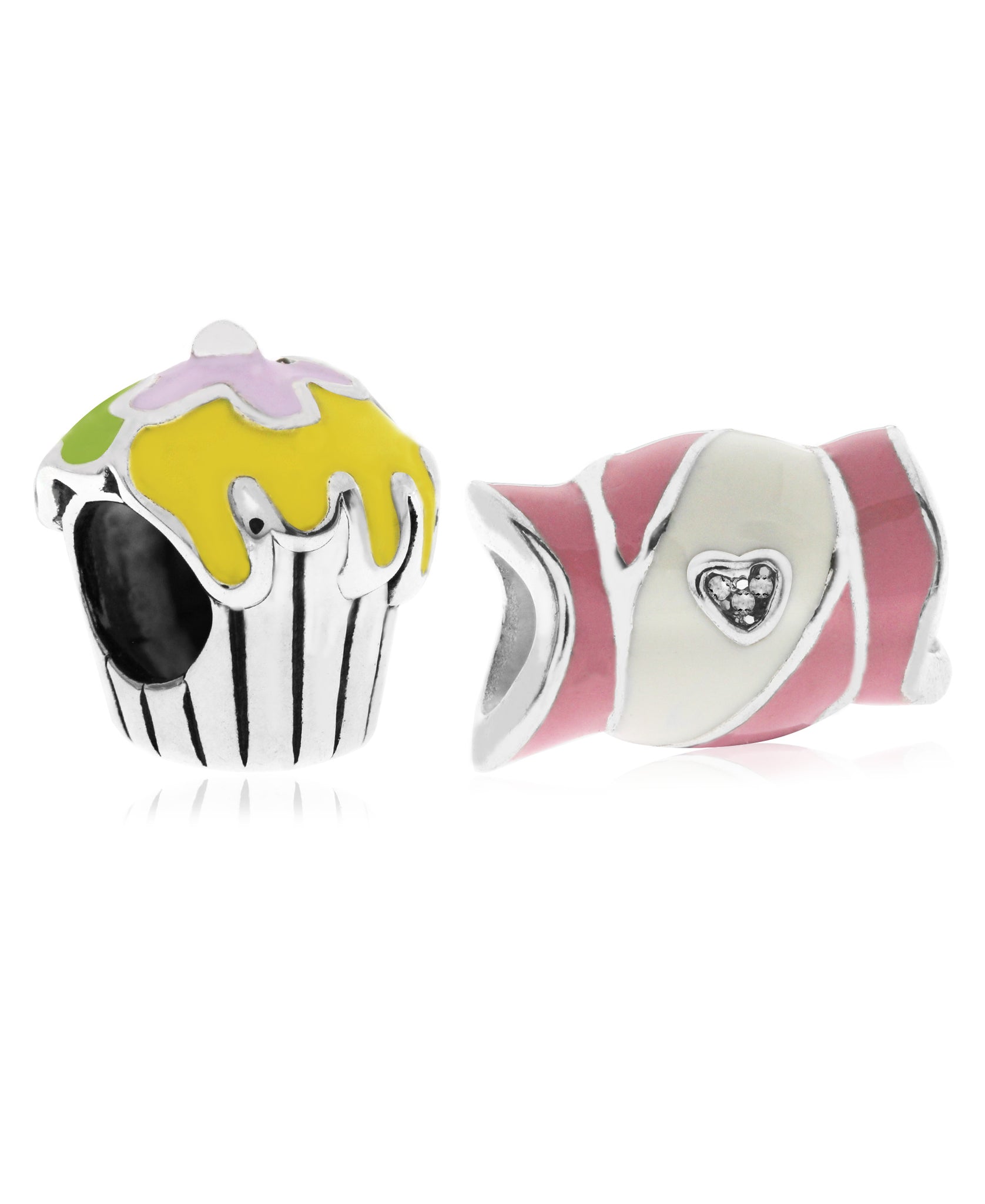 Children's Sterling Silver & Enamel Candy & Cupcake Bead Charms - Set of 2 - Rhona Sutton Jewellery