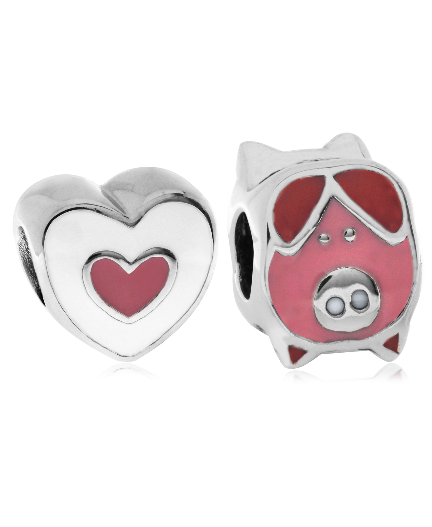 Children's Sterling Silver & Enamel Piglet & Heart Bead Charms - Set of 2 - Rhona Sutton Jewellery