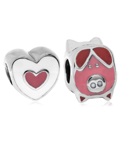 Children's Sterling Silver & Enamel Piglet & Heart Bead Charms - Set of 2 - Rhona Sutton Jewellery