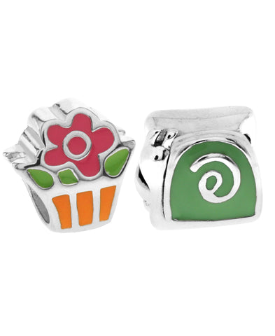 Children's Sterling Silver & Enamel Snail & Flower Bead Charms - Set of 2 - Rhona Sutton Jewellery