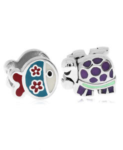 Children's Sterling Silver & Enamel Fish & Turtle Bead Charms - Set of 2 - Rhona Sutton Jewellery