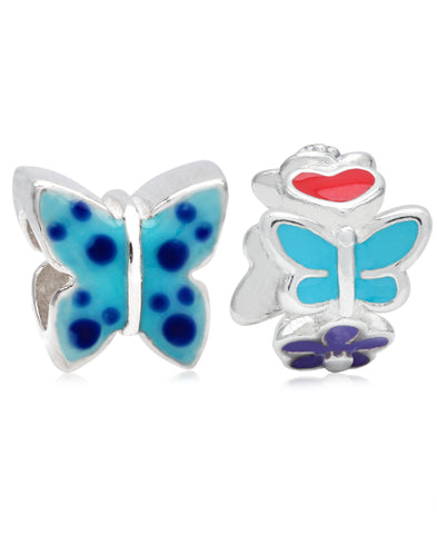 Children's Sterling Silver & Enamel Butterfly & Flowers Bead Charms - Set of 2 - Rhona Sutton Jewellery