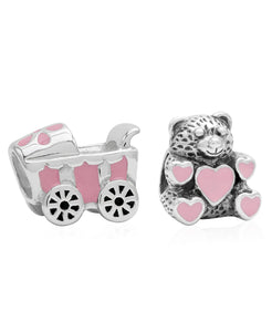 Children's Sterling Silver & Enamel Stroller & Teddy Bear Bead Charms - Set of 2 - Rhona Sutton Jewellery