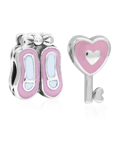 Children's Sterling Silver & Enamel Ballet Slippers & Heart Key Bead Charms - Set of 2 - Rhona Sutton Jewellery