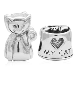 Children's Sterling Silver Love My Cat Bead Charms - Set of 2 - Rhona Sutton Jewellery