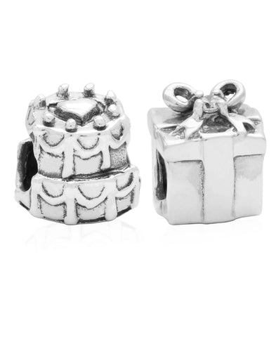 Children's Sterling Silver Birthday Cake & Present Bead Charms - Set of 2 - Rhona Sutton Jewellery