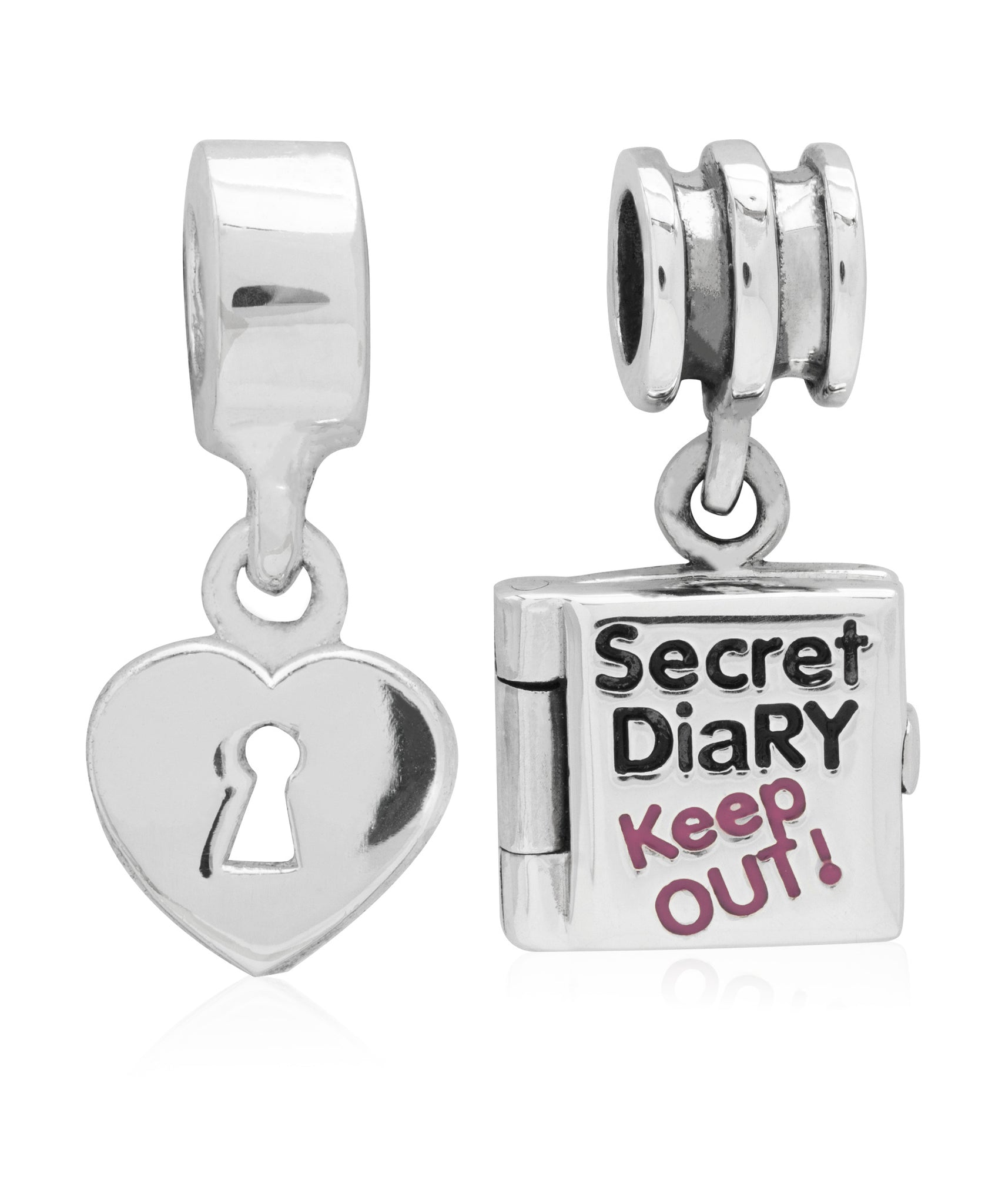 Children's Sterling Silver Secret Diary & Heart Lock Drop Charms - Set of 2 - Rhona Sutton Jewellery