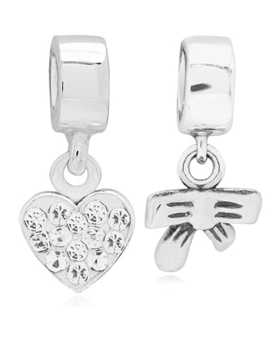 Children's Sterling Silver Heart & Bow Drop Charms - Set of 2 - Rhona Sutton Jewellery