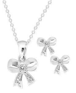 Children's Sterling Silver Cubic Zirconia Bow Pendant Necklace & Stud Earrings Set - Rhona Sutton Jewellery