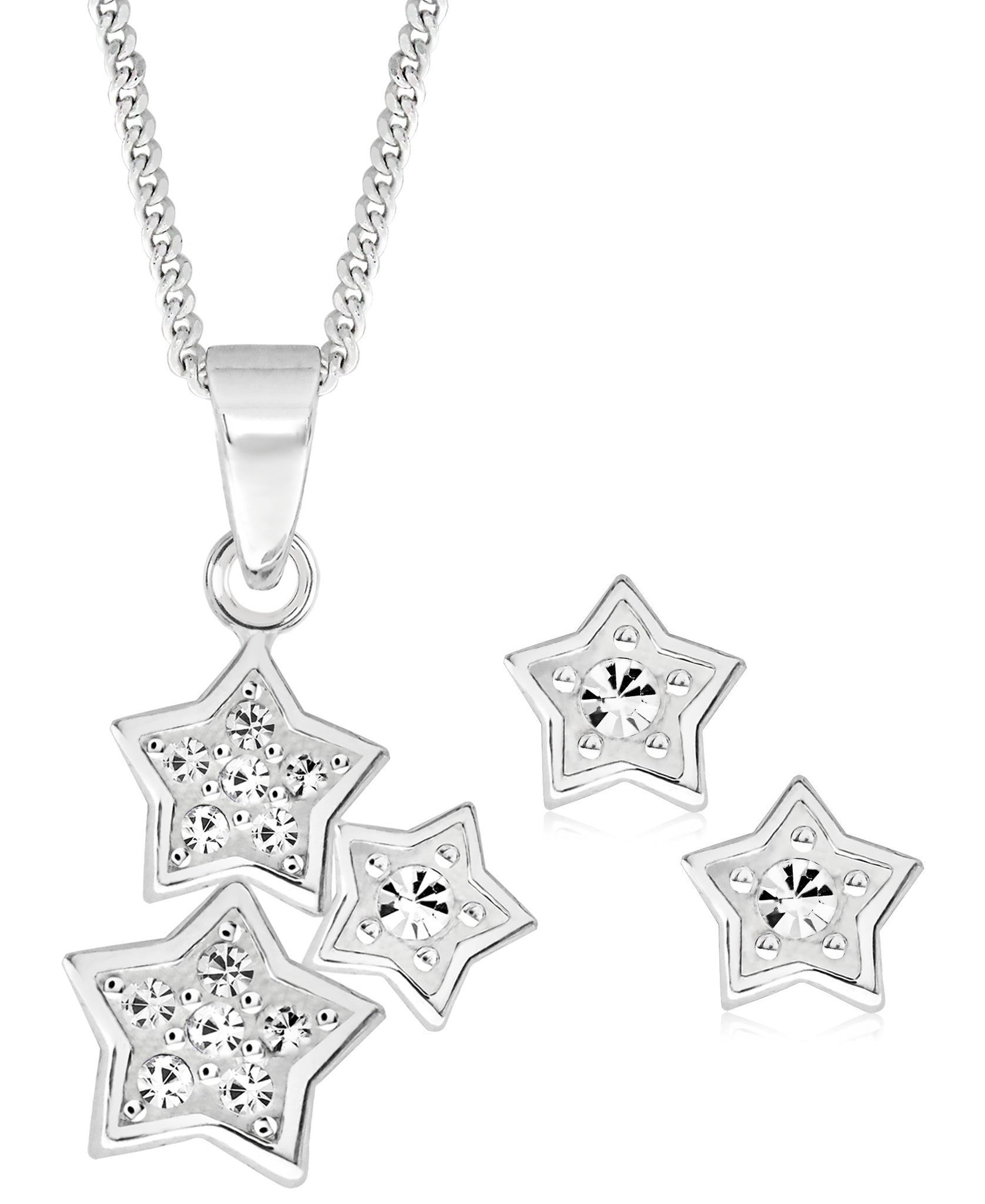 Children's Sterling Silver Cubic Zirconia Stars Pendant Necklace & Stud Earrings Set - Rhona Sutton Jewellery