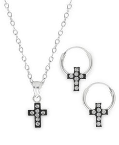 Children's Sterling Silver Crystal Cross Pendant Necklace & Hoop Earrings Set - Rhona Sutton Jewellery