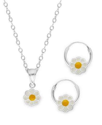 Children's Sterling Silver Daisy Pendant Necklace & Hoop Earrings Set - Rhona Sutton Jewellery