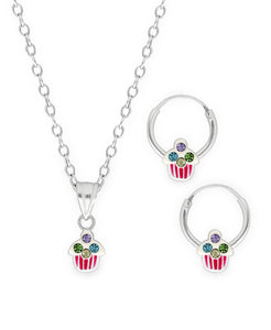 Children's Sterling Silver Crystal Cupcake Pendant Necklace & Hoop Earrings Set - Rhona Sutton Jewellery