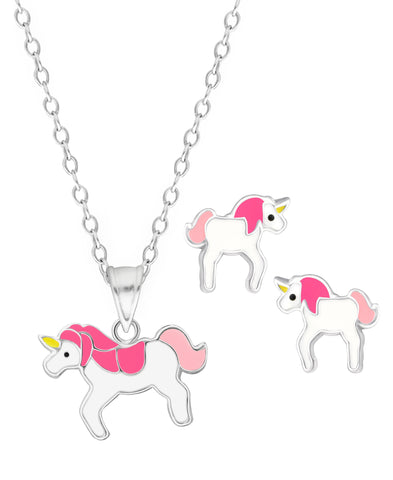 Children's Sterling Silver Unicorn Pendant Necklace & Stud Earrings Set - Rhona Sutton Jewellery