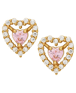 Children's 10K Gold White & Pink Cubic Zirconia Heart Stud Earrings - Rhona Sutton Jewellery