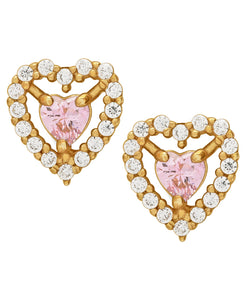 Children's 10K Gold White & Pink Cubic Zirconia Heart Stud Earrings - Rhona Sutton Jewellery