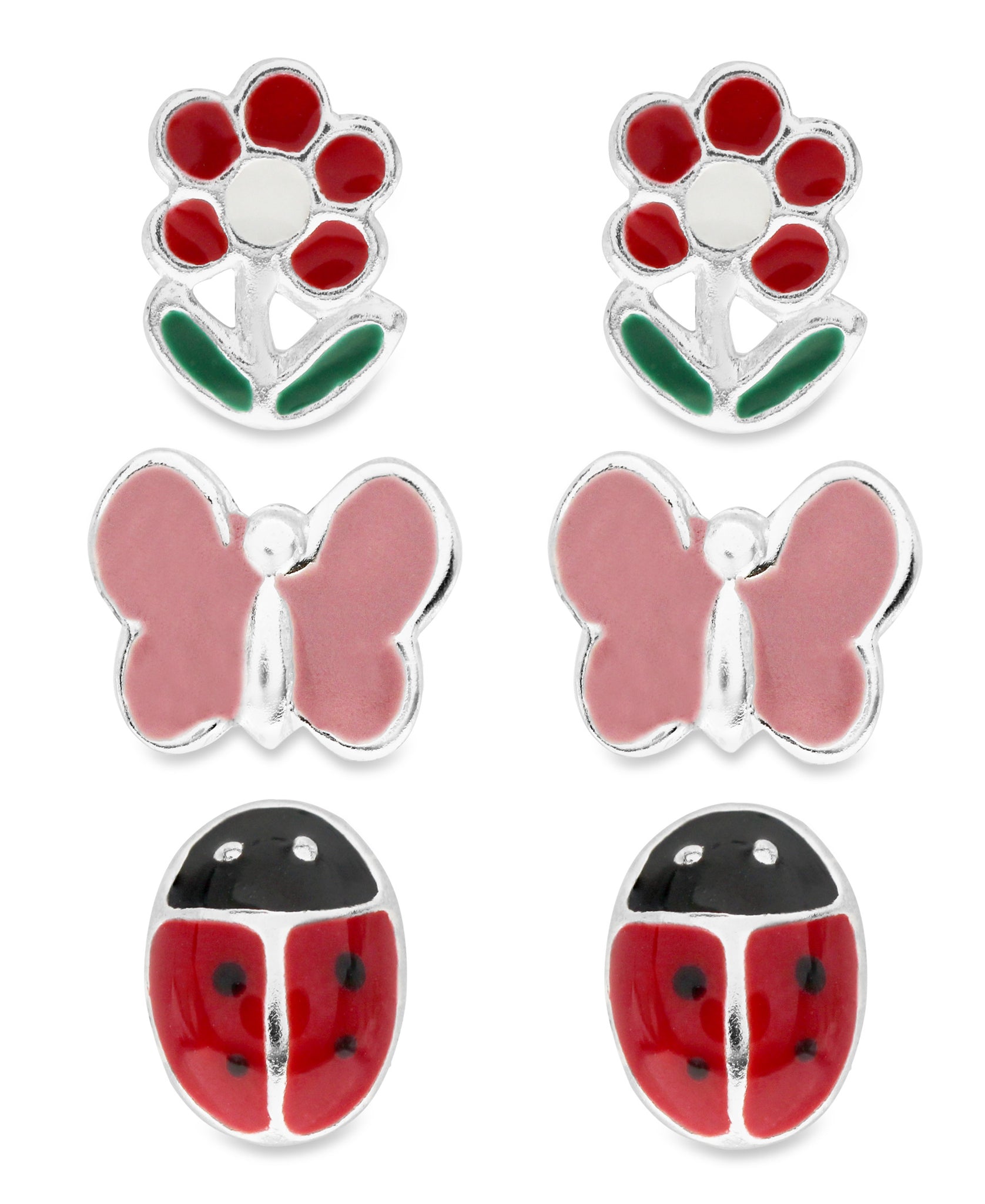 Children's Sterling Silver Butterfly, Ladybug, Flower Stud Earrings - Set of 3 - Rhona Sutton Jewellery