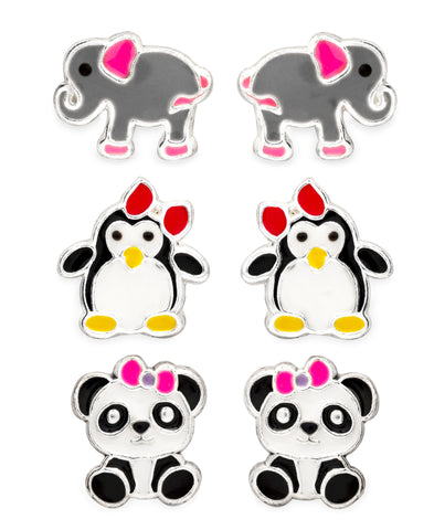 Children's Sterling Silver Panda, Elephant, Penguin Stud Earrings - Set of 3 - Rhona Sutton Jewellery