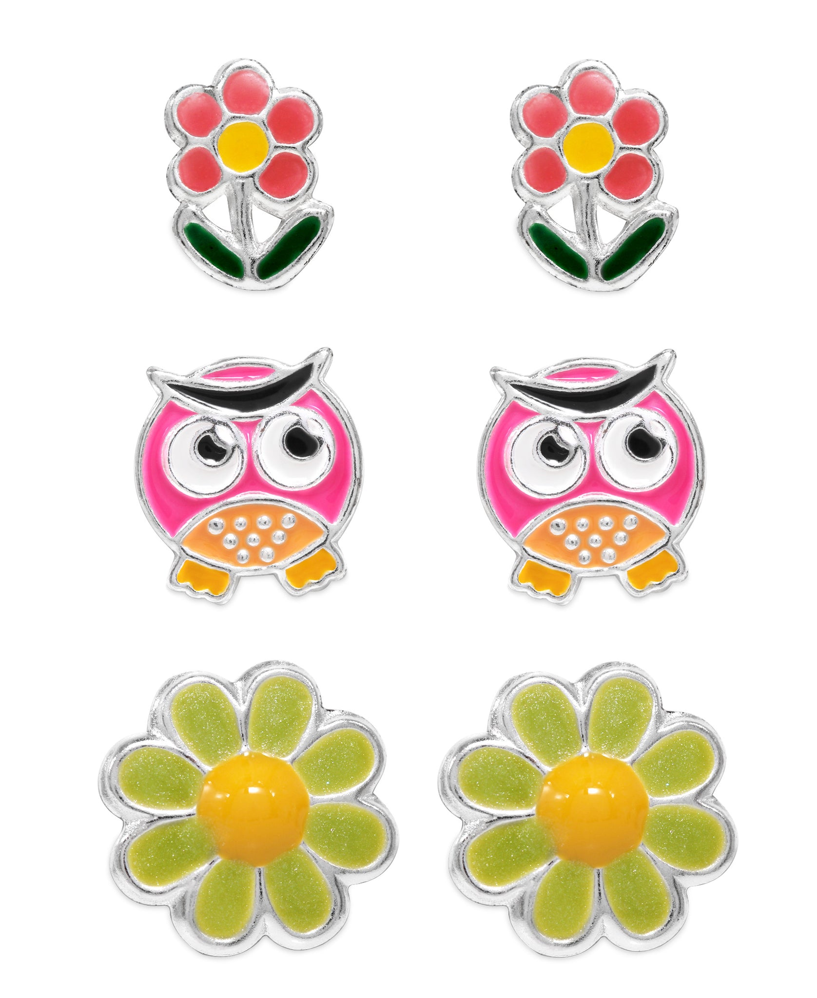 Children's Sterling Silver Owl, Blossom, Flower Stud Earrings - Set of 3 - Rhona Sutton Jewellery