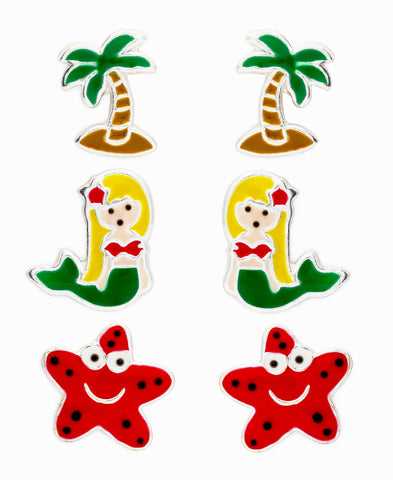 Children's Sterling Silver Starfish, Mermaid, Palm Tree Stud Earrings - Set of 3 - Rhona Sutton Jewellery