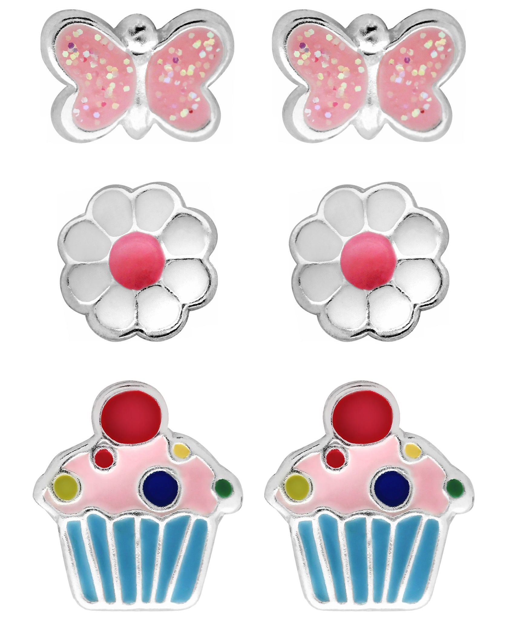 Children's Sterling Silver Butterfly, Flower, Cupcake Stud Earrings - Set of 3 - Rhona Sutton Jewellery
